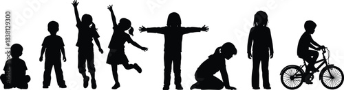 Collection of children activities black silhouette vector illustration set, boys and girls playing, running, jumping, sitting, cycling, kid's active 