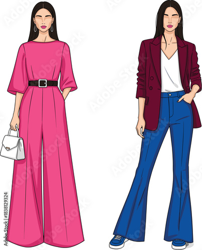Set of Two Modern Women's Fashion Outfits Vector Illustration featuring a Pink Maxi Dress and Burgundy Blazer with Blue Trousers for Style and Apparel Design