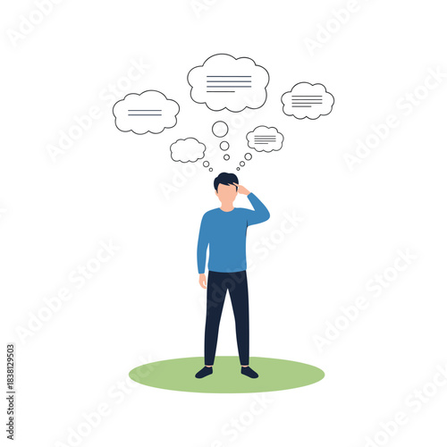 Man thinking with thought bubbles above head