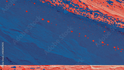 Close up of a blue and red abstract painting.
