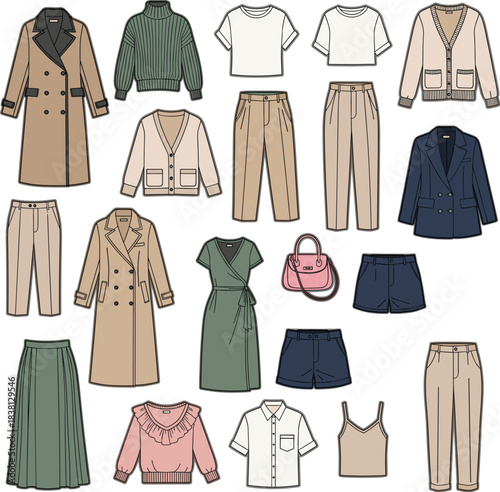 Collection of Modern Muted-Color Clothing Items Vector Illustration, including Coats, Sweaters, Trousers,