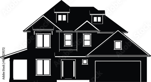 Detailed modern suburban house black silhouette vector illustration, detached single-family residential home exterior, two-story American cottage architecture drawing, real estate property concept 