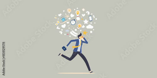 A businessman running with a burst of creative ideas above his head