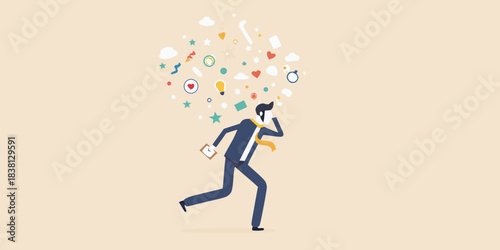 Businessman running with a whirlwind of ideas and thoughts surrounding him