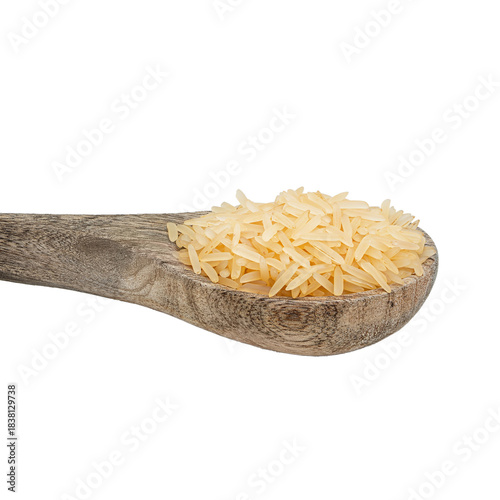 Wooden spoon with white basmati rice isolated on white background