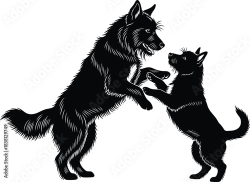 Detailed two dogs playing black engraving illustration vector art, large sheepdog and terrier on hind legs, domestic pet animals fighting or greeting, vintage ink drawing style.