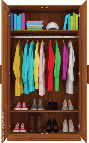 Open Wooden Wardrobe or Closet Vector Illustration with Colorful Hanging Clothes, Organized Shoes