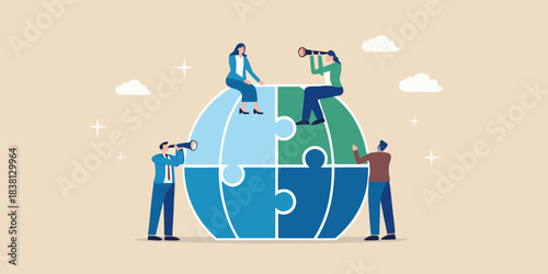 Teamwork and global strategy people connecting puzzle pieces around the world