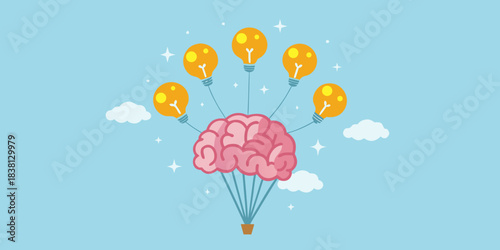 A brain shaped hot air balloon with lightbulb balloons rising upwards