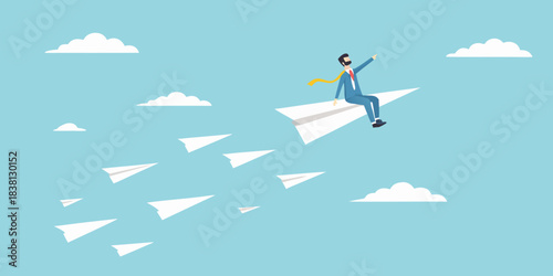 A businessman joyfully flies on a paper airplane through a bright blue sky