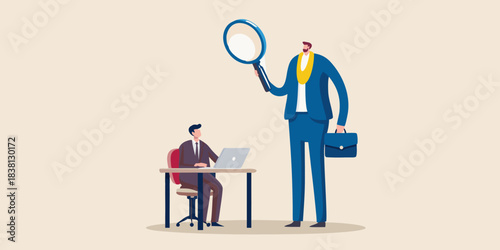 A large businessman is being inspected with a magnifying glass by a smaller figure