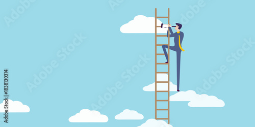 A businessman climbing a ladder into the clouds reaching for success