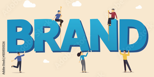 People building and supporting a large brand concept with teamwork