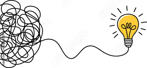 Problem-solving concept, tangled line to light bulb, idea generation vector, creative solution path, black and yellow design, white background, insight symbol