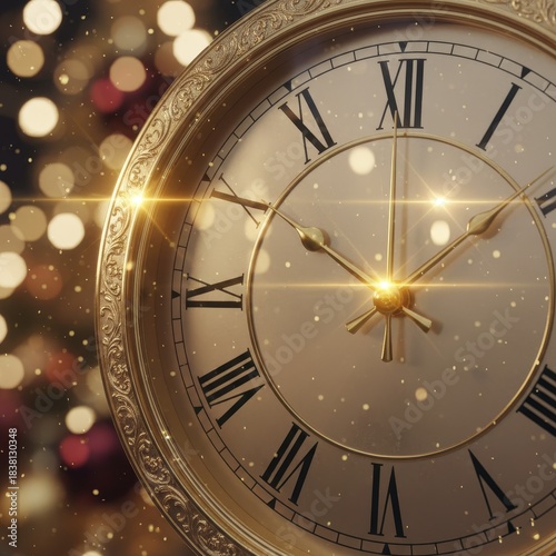 A close-up of an ornate gold clock with Roman numerals, hands nearing midnight, sparkling with light flares against a bokeh background.
