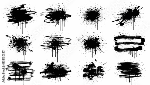 Abstract grunge collection of black ink splatters, paint drips, and messy brush stroke design elements isolated on a white background
