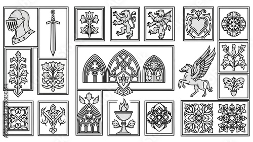 Collection of medieval and heraldic motifs shields, swords, lions, griffins, and floral designs