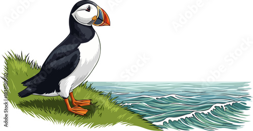 edge of the world a puffins colorful vigil over the untamed sea, isolated on transparent background