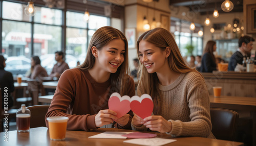 Two young women, smiling and holding pink heart shapes, are enjoying a cozy cafe atmosphere, surrounded by warm lighting and lively patrons, celebrating friendship and connection