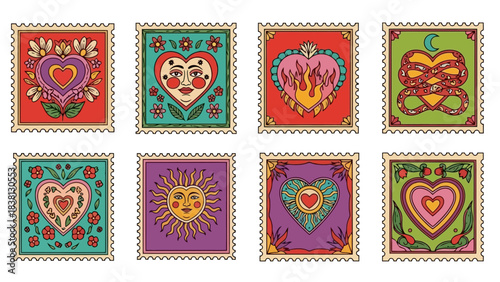 Collection of eight colorful heart-shaped postage stamps with decorative elements and symbolic imagery