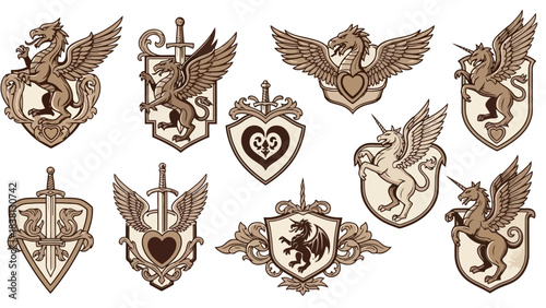 A classic set of fantasy coat of arms emblems featuring griffin, unicorn, and dragon illustrations
