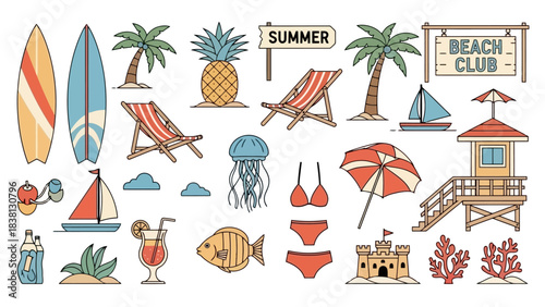 Collection of summer vacation elements including surfboards, beach chairs, umbrellas, tropical fruits, and ocean-themed items for a fun getaway
