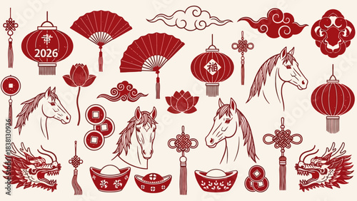 Collection of Chinese New Year Vector Elements Horse, Lantern, Fan, Cloud, Ornament, and Symbolism