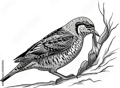 natures monochrome tapestry a birds graceful pause on a weathered branch, isolated on transparent background