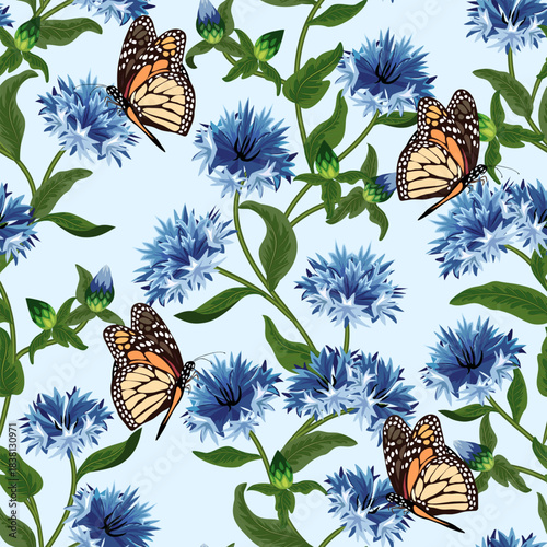 Cornflowers and bright butterflies on a blue background.Vector pattern with beautiful butterflies and cornflowers on a blue background.