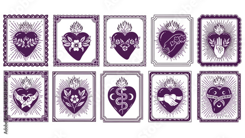 Set of Sacred Heart illustrations, representing love, compassion, and spiritual connection with intricate floral and symbolic designs