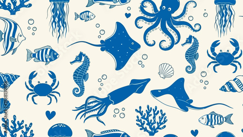 Oceanic Symphony Seamless Pattern of Marine Life in Blue