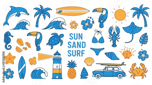 Summer Fun Beach Icons and Illustrations for Creative Projects - Sun, Sand & Surf Design Elements