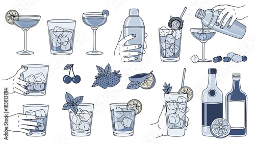 Hand-drawn vector illustrations of refreshing cocktails, alcoholic beverages, essential bar tools, and garnishes. Ideal for drink menus, promotions, and creative designs
