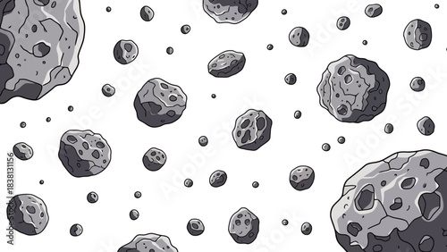 Illustrative background of numerous asteroids floating in outer space, rendered in a detailed, monochromatic style
