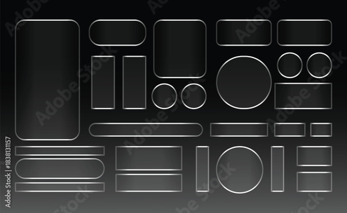 Transparent Glass Texture Frames & Metal Plate Borders Square, Rectangular and Round Glass Buttons Set for vector Design