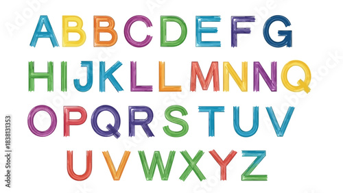 Vibrant and Colorful English Alphabet Letters A to Z Displayed with a Glossy, Three-Dimensional Effect, Perfect for Educational Resources and Creative Design Projects on a White Background