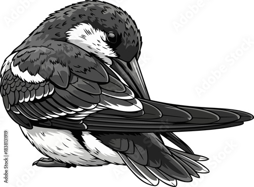 monochrome muse graceful avian preening, capturing stillness and reflective beauty, isolated on transparent background