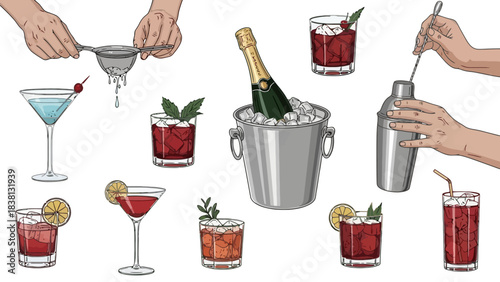 Dynamic collection illustrating hands expertly preparing and mixing a variety of delicious cocktails, from classic recipes to celebratory drinks, perfect for any bar or party theme