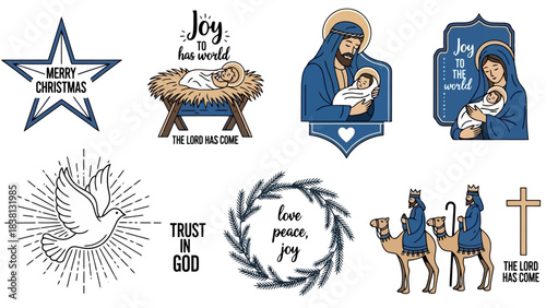 Christmas vector icons featuring Nativity scene, dove, wreath, and Star of Bethlehem for festive holiday designs