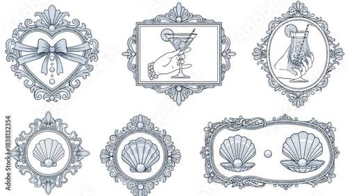 Decorative Ornamental Frames and Embellishments Featuring Hearts, Cocktails, and Seashells