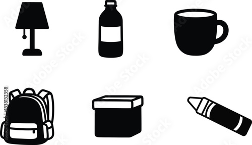 Versatile vector glyphs of common everyday objects in a clean black and white minimalist style, perfect for web, print, and user interface design projects