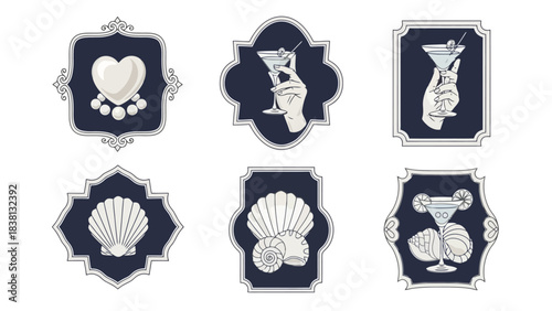 Art Deco Inspired Label Set with Seashells, Cocktails, and Pearls in Navy and White