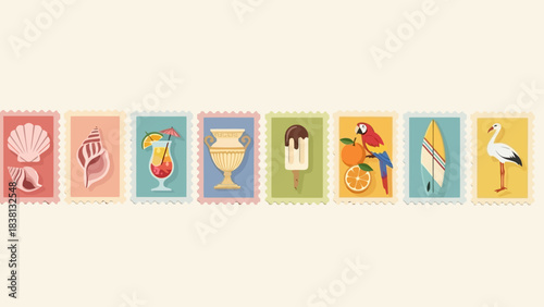 Illustrated stamps showcasing summer vacation essentials seashells, tropical cocktails, ice cream, parrots, and surfboards, ideal for holiday travel