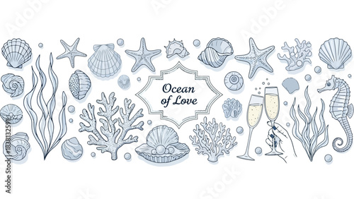 Elegant hand-drawn marine elements perfect for romantic celebrations and wedding invitations, featuring seashells, starfish, coral, and champagne glasses in an oceanic love theme