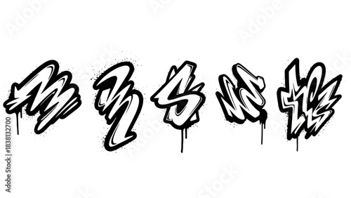 Collection of hand-drawn graffiti letter S tags in a dynamic urban street art style. Set of five unique black and white designs