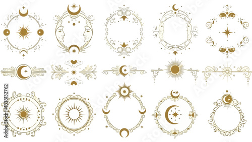 Esoteric Celestial Frames and Ornaments Sun, Moon, Stars, and Mystical Symbols