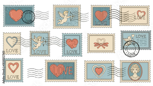 Vintage Love Stamps Collection Heart, Cupid, and Affectionate Postmarks