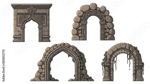 A detailed illustration set of diverse fantasy stone archways, showcasing ornate medieval designs and ancient, crumbling ruins