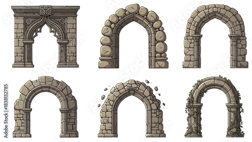 A collection of various medieval stone arch designs, featuring intact castle gates and crumbling ancient ruins for fantasy worlds