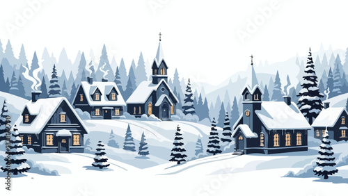 Serene winter village illustration with snow-covered houses, churches, and frosty trees on rolling hills, capturing a peaceful holiday landscape perfect for festive designs